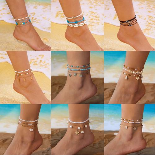 Fashion Jewelry Anklet, Tibetan Style, with Seedbead & Shell, gold color plated, multilayer, more colors for choice, Sold By Set