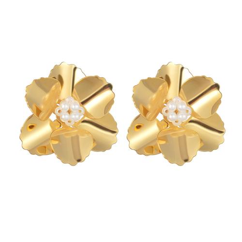 Stainless Steel Stud Earrings, 304 Stainless Steel, with Plastic Pearl, Flower, plated, fashion jewelry & for woman, golden, Sold By Pair