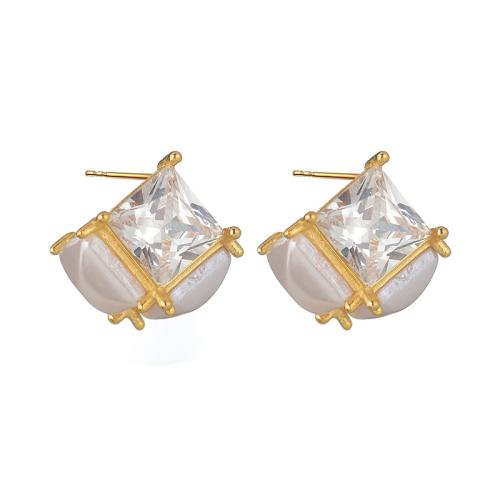 Stainless Steel Stud Earrings, 304 Stainless Steel, with ABS Plastic Pearl & Cubic Zirconia, plated, fashion jewelry & for woman, golden, Sold By Pair