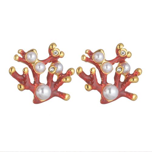 Stainless Steel Stud Earrings, 304 Stainless Steel, with Plastic Pearl, gold color plated, for woman & enamel & with rhinestone, red, Sold By Pair