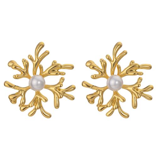 Stainless Steel Stud Earrings, 304 Stainless Steel, with Plastic Pearl, plated, fashion jewelry & for woman, golden, Sold By Pair