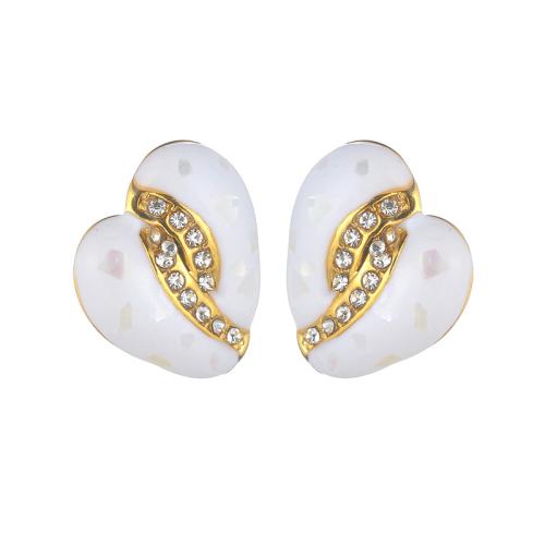 Stainless Steel Stud Earrings, 304 Stainless Steel, with Resin, Heart, plated, fashion jewelry & for woman & with rhinestone, golden, Sold By Pair