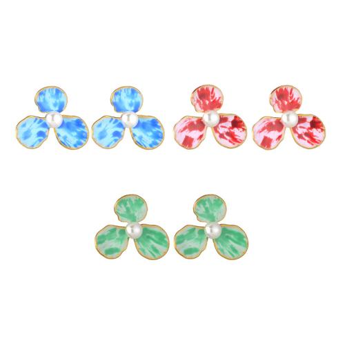 Stainless Steel Stud Earrings, 304 Stainless Steel, with Plastic Pearl, Flower, gold color plated, fashion jewelry & for woman & enamel, more colors for choice, Sold By Pair