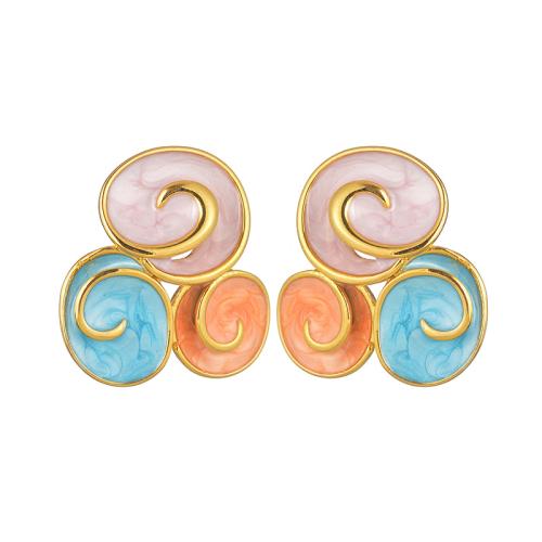 Stainless Steel Stud Earrings, 304 Stainless Steel, gold color plated, for woman & enamel & hollow, multi-colored, Sold By Pair