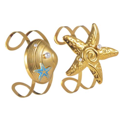 304 Stainless Steel Cuff Bangle, with Plastic Pearl, plated, different styles for choice & for woman & enamel & hollow, golden, Sold By PC