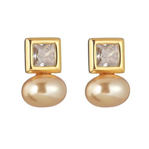 Stainless Steel Stud Earrings, 304 Stainless Steel, with Cubic Zirconia & Plastic Pearl, plated, fashion jewelry & for woman, golden, Sold By Pair