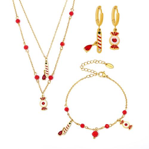 Cubic Zirconia Stainless Steel Jewelry Sets, 304 Stainless Steel, with Garnet, plated, different styles for choice & micro pave cubic zirconia & for woman & enamel, golden, Sold By PC