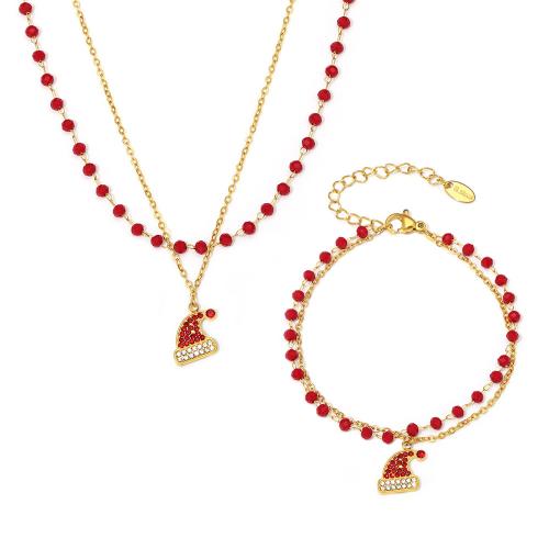 Cubic Zirconia Stainless Steel Jewelry Sets, 304 Stainless Steel, with Garnet, Christmas Hat, plated, Double Layer & different styles for choice & micro pave cubic zirconia & for woman, golden, Sold By PC