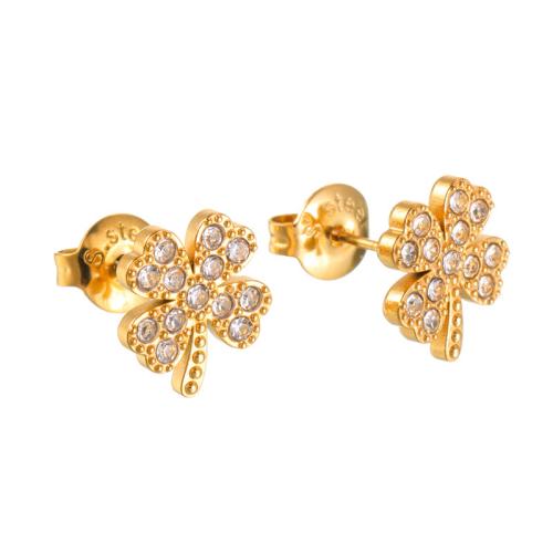 Stainless Steel Stud Earrings, 304 Stainless Steel, Four Leaf Clover, plated, different size for choice & for woman & with rhinestone, golden, Sold By Pair