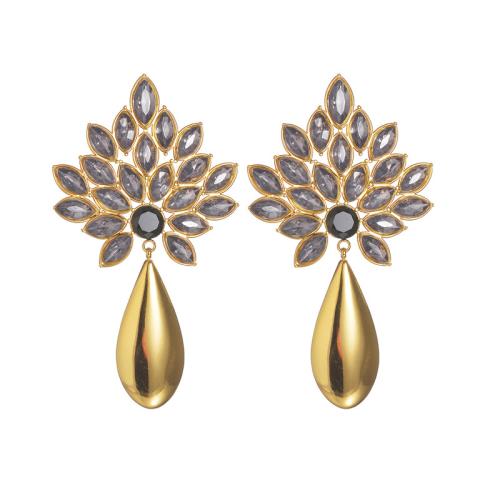 Нержавеющая сталь падение Серьги, Нержавеющая сталь 304, Другое покрытие, ювелирные изделия моды & Женский & со стразами, Золотой, продается Пара