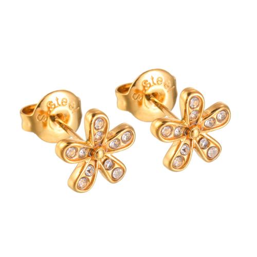 Stainless Steel Stud Earrings, 304 Stainless Steel, Flower, plated, fashion jewelry & for woman & with rhinestone, golden, Sold By Pair