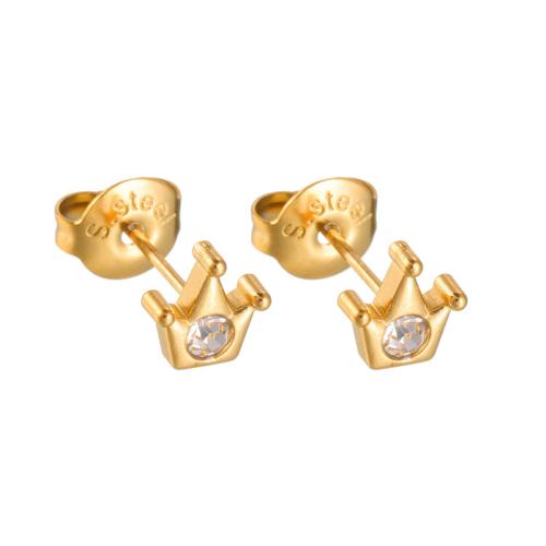 Stainless Steel Stud Earrings, 304 Stainless Steel, Crown, plated, different size for choice & for woman & with rhinestone, golden, Sold By Pair