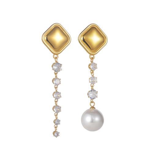 Asymmetric Earrings, 304 Stainless Steel, with Plastic Pearl, plated, fashion jewelry & for woman & with rhinestone, golden, Sold By Pair