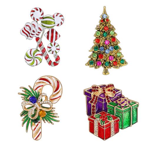 Broches de Noël, alliage de zinc, Placage de couleur d'or, Conception de Noël & émail & avec strass, plus de couleurs à choisir, Vendu par PC