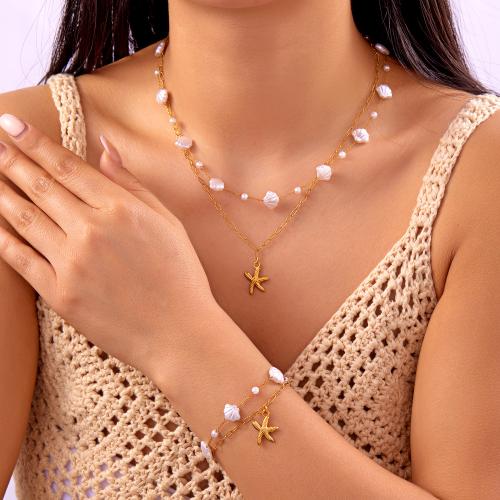 Fashion Stainless Steel Jewelry Sets, bracelet & necklace, 304 Stainless Steel, with Plastic Pearl, gold color plated, fashion jewelry, more colors for choice, Sold By PC