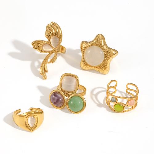 Stainless Steel Finger Ring, 304 Stainless Steel, with Cats Eye, plated, fashion jewelry & different styles for choice & for woman, golden, Sold By PC