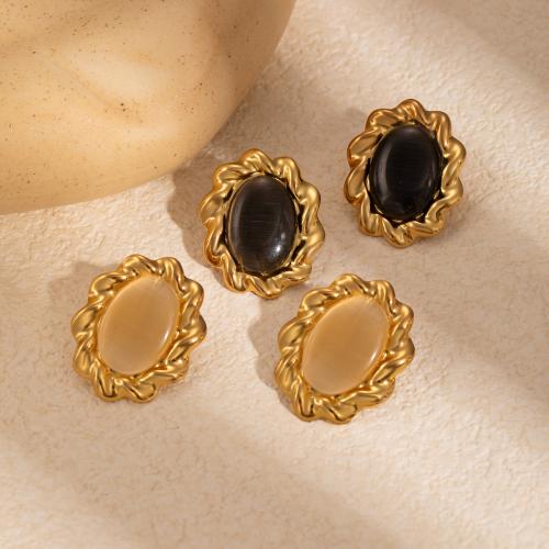 Stainless Steel Stud Earrings, 304 Stainless Steel, with Gemstone, gold color plated, fashion jewelry & for woman, more colors for choice, Sold By Pair