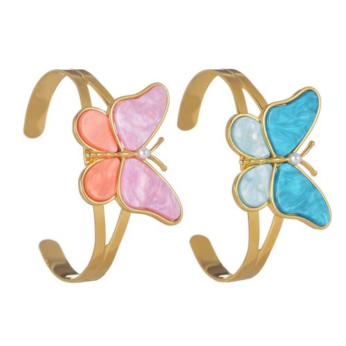 304 Stainless Steel Cuff Bangle, with Plastic Pearl & Acrylic, 18K gold plated, fashion jewelry & for woman & hollow, more colors for choice, Sold By PC