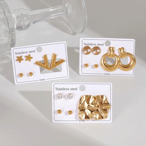 Stainless Steel Drop Earring, 304 Stainless Steel, gold color plated, three pieces & different styles for choice & for woman & with rhinestone, Sold By Set