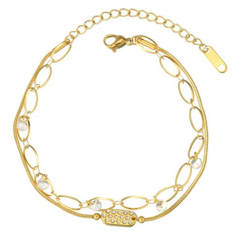 Stainless Steel Jewelry Bracelet, 304 Stainless Steel, with Crystal, Double Layer & for woman & with rhinestone, golden, Sold By PC