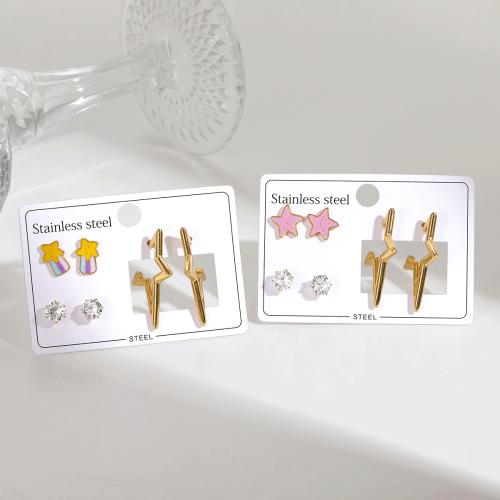 Stainless Steel Drop Earring, 304 Stainless Steel, gold color plated, three pieces & different styles for choice & for woman & enamel & with rhinestone, Sold By Set