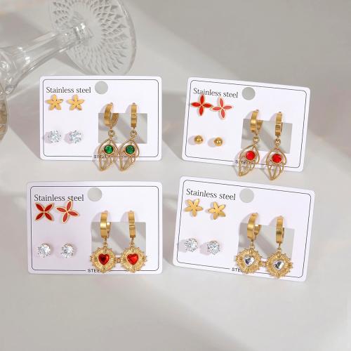 Stainless Steel Drop Earring, 304 Stainless Steel, plated, three pieces & different styles for choice & for woman & with rhinestone, golden, Sold By Set