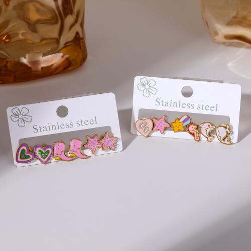 Stainless Steel Stud Earrings, 304 Stainless Steel, 18K gold plated, three pieces & different styles for choice & for woman & enamel, Sold By Set