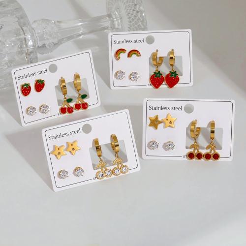 Stainless Steel Drop Earring, 304 Stainless Steel, 18K gold plated, three pieces & different styles for choice & for woman & enamel & with rhinestone, Sold By Set