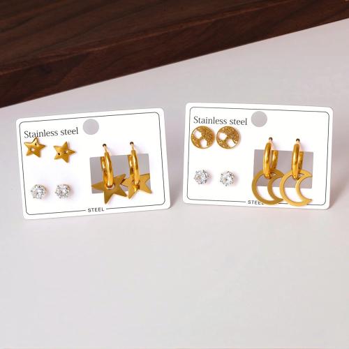 Stainless Steel Drop Earring, 304 Stainless Steel, plated, three pieces & different styles for choice & for woman & with rhinestone, golden, Sold By Set