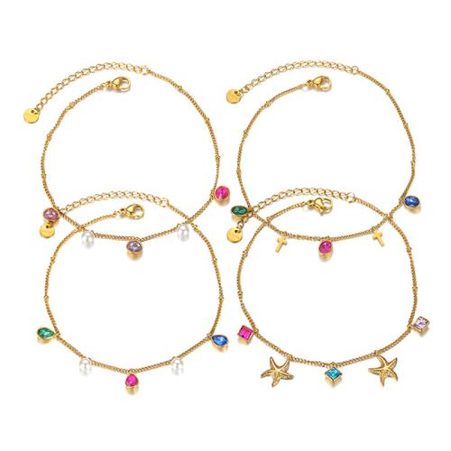 Stainless Steel Anklet, 304 Stainless Steel, with Cubic Zirconia & Plastic Pearl, plated, fashion jewelry & different styles for choice & for woman, golden, Sold By PC