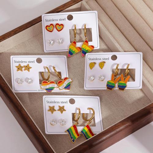 Stainless Steel Drop Earring, 304 Stainless Steel, plated, three pieces & different styles for choice & for woman & enamel & with rhinestone, golden, Sold By Set