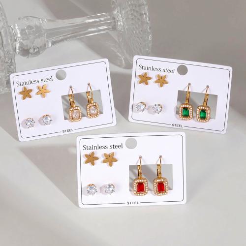Stainless Steel Drop Earring, 304 Stainless Steel, gold color plated, three pieces & different styles for choice & for woman & enamel & with rhinestone, more colors for choice, Sold By Set