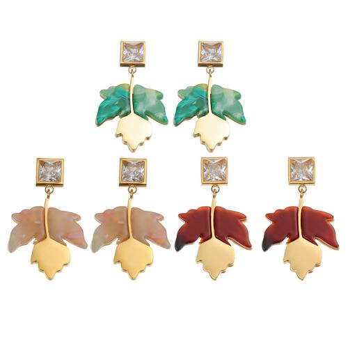 Stainless Steel Drop Earring, 304 Stainless Steel, with Acrylic, Maple Leaf, gold color plated, fashion jewelry & for woman & with rhinestone, more colors for choice, Sold By Pair