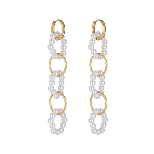 Stainless Steel Drop Earring, 304 Stainless Steel, with Plastic Pearl, 18K gold plated, fashion jewelry & for woman, Sold By Pair