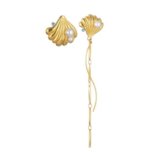 Asymmetric Earrings, 304 Stainless Steel, with Plastic Pearl, Shell, plated, fashion jewelry & for woman & with rhinestone, golden, Sold By Pair