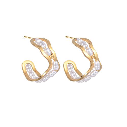 Stainless Steel Stud Earrings, 304 Stainless Steel, with Plastic Pearl, plated, different materials for choice & different styles for choice & for woman, golden, Sold By Pair