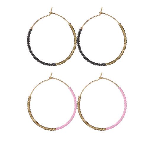 Stainless Steel Hoop Earring, 304 Stainless Steel, with Glass Beads, plated, fashion jewelry & for woman, golden, Sold By Pair