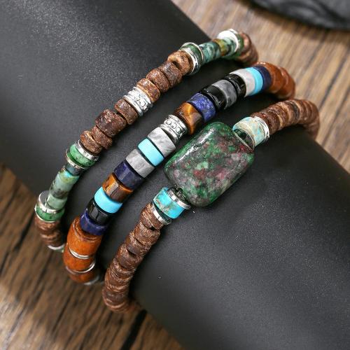 Gemstone Bracelets, Natural Stone, with Wood & Tibetan Style, gold color plated, fashion jewelry & multilayer, more colors for choice, Sold By Set