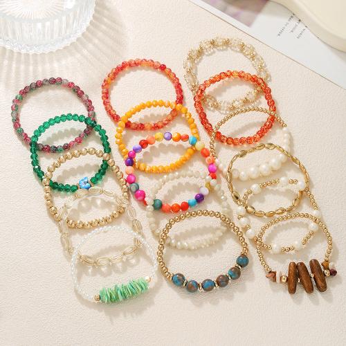 Bijoux bracelets de mode, alliage de zinc, avec coquille & cristal & bois & perle de plastique, Placage de couleur d'or, bijoux de mode & multicouche, plus de couleurs à choisir, Vendu par PC