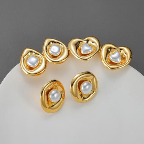 Stainless Steel Stud Earrings, 304 Stainless Steel, with Plastic Pearl, plated, fashion jewelry & different styles for choice & for woman, golden, Sold By Pair