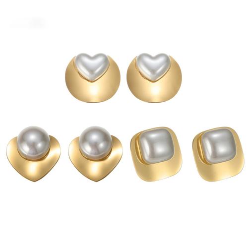 Stainless Steel Stud Earrings, 304 Stainless Steel, with Plastic Pearl, plated, fashion jewelry & different styles for choice & for woman, more colors for choice, Sold By Pair