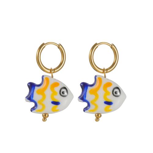 Stainless Steel Drop Earring, 304 Stainless Steel, with Porcelain, Fish, hand drawing, fashion jewelry & different styles for choice & for woman, more colors for choice, Sold By Pair