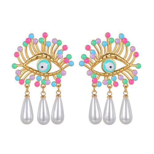 Stainless Steel Drop Earring, 304 Stainless Steel, with Plastic Pearl, plated, for woman & enamel & hollow, golden, Sold By Pair