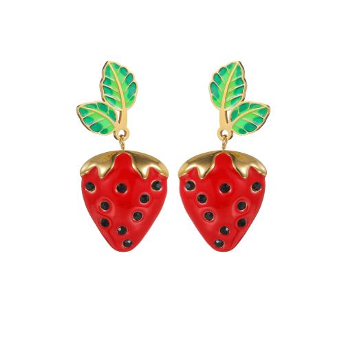 Stainless Steel Drop Earring, 304 Stainless Steel, Strawberry, gold color plated, for woman & enamel & with rhinestone, more colors for choice, Sold By Pair