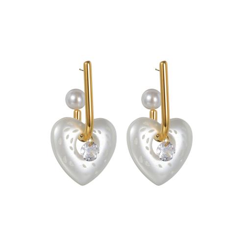 Stainless Steel Drop Earring, 304 Stainless Steel, with Glass & Plastic Pearl, Heart, plated, fashion jewelry & for woman & hollow, more colors for choice, Sold By Pair