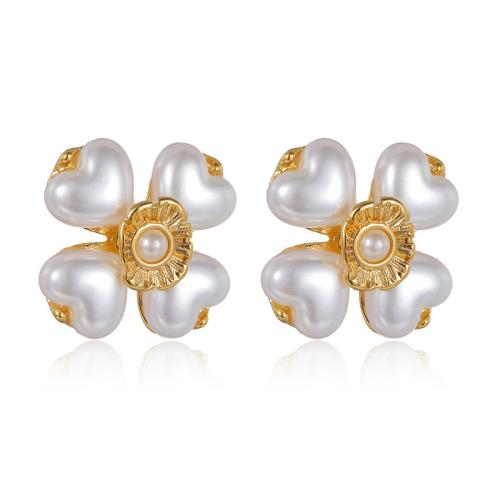 Stainless Steel Stud Earrings, 304 Stainless Steel, with Plastic Pearl, Flower, plated, fashion jewelry & for woman, golden, Sold By Pair