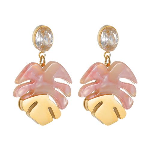 Acrylic Jewelry Earring, 304 Stainless Steel, with Acrylic, Leaf, gold color plated, fashion jewelry & for woman & with rhinestone, more colors for choice, Sold By Pair