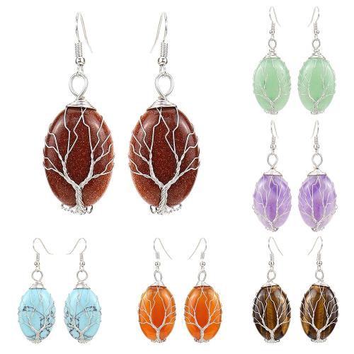 Natural Gemstone Earrings, with brass wire & Tibetan Style, platinum color plated, fashion jewelry & different materials for choice & for woman, Sold By Pair
