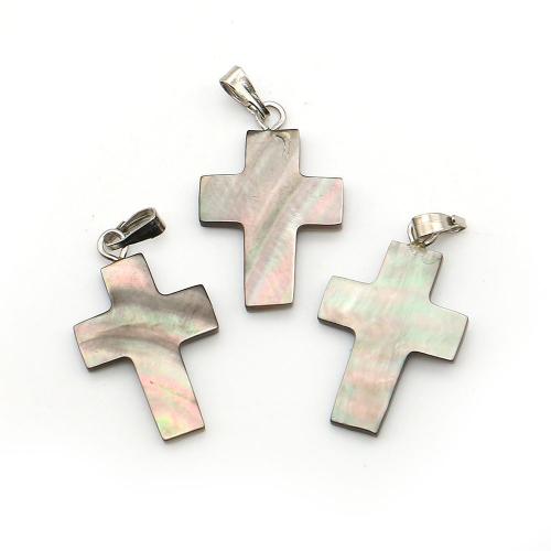 Shell Pendants, Black Lip Shell, with Wax Cord & Iron, Cross, DIY, mixed colors, 14x24mm, Sold By PC