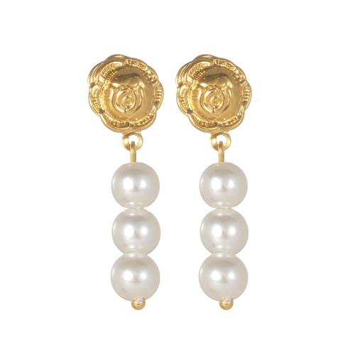 Stainless Steel Drop Earring, 304 Stainless Steel, with Plastic Pearl, plated, fashion jewelry & for woman, golden, Sold By Pair